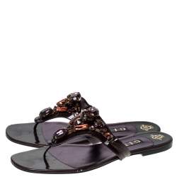 Pre Owned Gina Burgundy Patent Leather Embellished Thong Flat Sandals Size 41