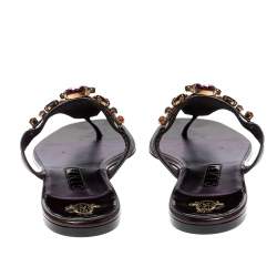 Pre Owned Gina Burgundy Patent Leather Embellished Thong Flat Sandals Size 41