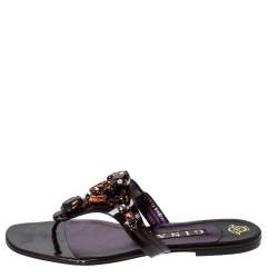Pre Owned Gina Burgundy Patent Leather Embellished Thong Flat Sandals Size 41
