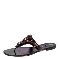 Pre Owned Gina Burgundy Patent Leather Embellished Thong Flat Sandals Size 41