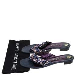 Pre Owned Gina Metallic Blue Nubuck Crystal Emebllished Thong Flat Sandals Size 41