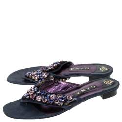 Pre Owned Gina Metallic Blue Nubuck Crystal Emebllished Thong Flat Sandals Size 41