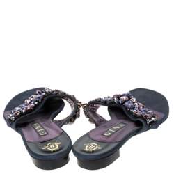 Pre Owned Gina Metallic Blue Nubuck Crystal Emebllished Thong Flat Sandals Size 41