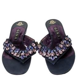 Pre Owned Gina Metallic Blue Nubuck Crystal Emebllished Thong Flat Sandals Size 41