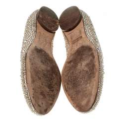 Pre Owned حذاء باليرينا فلات جينا مزخرف بكريستال ساتان بيج مقاس 39.5