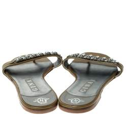 Pre Owned Gina Beige Patent Leather Crystal Embellished Slip On Flat Slides Size 41