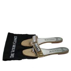 Pre Owned Gina Beige Patent Leather Crystal Embellished Slip On Flat Slides Size 41