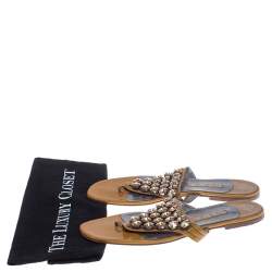 Pre Owned Gina Mustard Patent Leather Studded Thong Flat Sandals Size 41