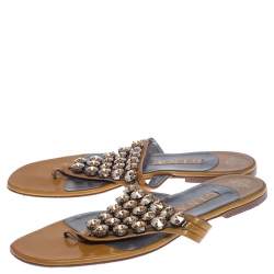 Pre Owned Gina Mustard Patent Leather Studded Thong Flat Sandals Size 41