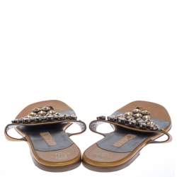 Pre Owned Gina Mustard Patent Leather Studded Thong Flat Sandals Size 41