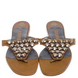 Pre Owned Gina Mustard Patent Leather Studded Thong Flat Sandals Size 41