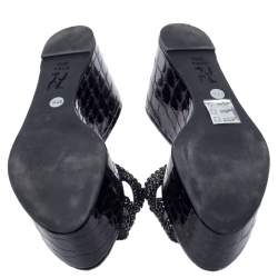 مملوكة مسبقًا Gina Black Croc Embossed Leather Embellished Wedge Platform Sandals Size 37.5