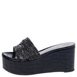 مملوكة مسبقًا Gina Black Croc Embossed Leather Embellished Wedge Platform Sandals Size 37.5