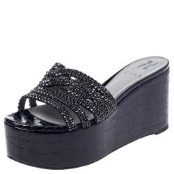 مملوكة مسبقًا Gina Black Croc Embossed Leather Embellished Wedge Platform Sandals Size 37.5