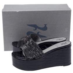 مملوكة مسبقًا Gina Black Croc Embossed Leather Embellished Wedge Platform Sandals Size 37.5