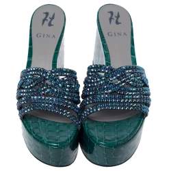 Pre Owned صندل جينا نعل سميك كعب روكي مزخرف جلد نقش تمساح أخضر مقاس 37.5