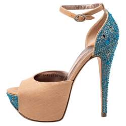Pre Owned Gina Beige Canvas Crystal Embellished Heel Ankle Strap Platform Sandals Size 37.5