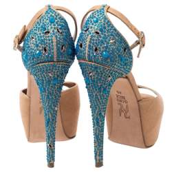 Pre Owned Gina Beige Canvas Crystal Embellished Heel Ankle Strap Platform Sandals Size 37.5