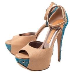 Pre Owned Gina Beige Canvas Crystal Embellished Heel Ankle Strap Platform Sandals Size 37.5