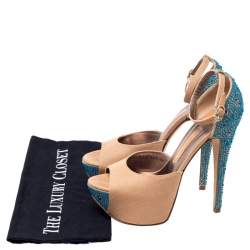 Pre Owned Gina Beige Canvas Crystal Embellished Heel Ankle Strap Platform Sandals Size 37.5