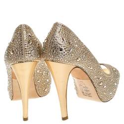 Pre Owned Gina Beige Satin Crystal Embellished Peep Toe Platform Pumps Size 37.5