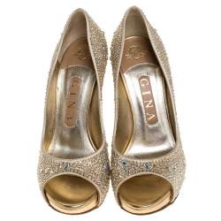 Pre Owned Gina Beige Satin Crystal Embellished Peep Toe Platform Pumps Size 37.5