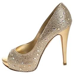 Pre Owned Gina Beige Satin Crystal Embellished Peep Toe Platform Pumps Size 37.5