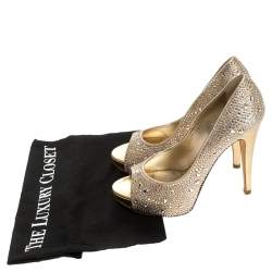 Pre Owned Gina Beige Satin Crystal Embellished Peep Toe Platform Pumps Size 37.5