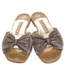 Pre Owned Gina Beige Leather Crystal Embellished Bow Slip On Slides Size 39