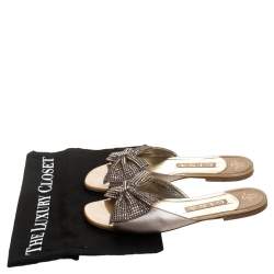 Pre Owned Gina Beige Leather Crystal Embellished Bow Slip On Slides Size 39