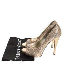 Pre Owned حذاء كعب عالي جينا مزخرف كريستال مقدمة مفتوحة نعل سميك ساتان بيج مقاس 39