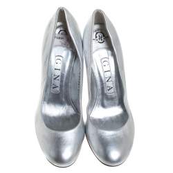 Gina Metallic Silver Leather Round Toe Pumps 37