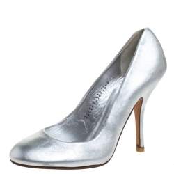 Gina Metallic Silver Leather Round Toe Pumps 37