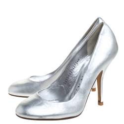 Gina Metallic Silver Leather Round Toe Pumps 37