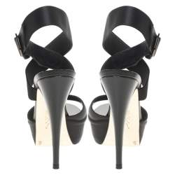 Pre Owned Gina Black Satin And Embossed Patent Leather Ankle Wrap Platform Sandals Size 38.5