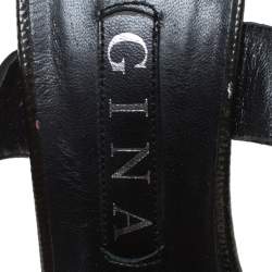 Pre Owned Gina Black Satin And Embossed Patent Leather Ankle Wrap Platform Sandals Size 38.5