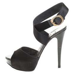 Pre Owned Gina Black Satin And Embossed Patent Leather Ankle Wrap Platform Sandals Size 38.5