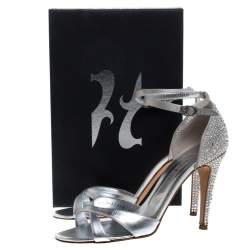 Pre Owned Gina Silver Leather And Satin Crystal Embellished Heel Ankle Strap Sandals Size 40
