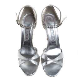 Pre Owned Gina Silver Leather And Satin Crystal Embellished Heel Ankle Strap Sandals Size 40