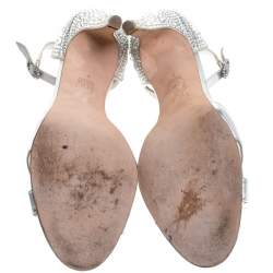 Pre Owned Gina Silver Leather And Satin Crystal Embellished Heel Ankle Strap Sandals Size 40