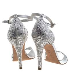 Pre Owned Gina Silver Leather And Satin Crystal Embellished Heel Ankle Strap Sandals Size 40