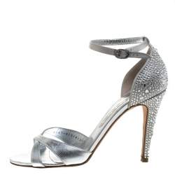 Pre Owned Gina Silver Leather And Satin Crystal Embellished Heel Ankle Strap Sandals Size 40