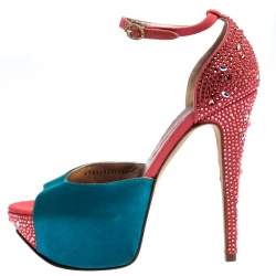 Pre Owned صندل جينا نعل سميك ديستنى كانفاس زخرفة كريستال وساتان متعدد الألوان مقاس 40