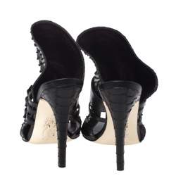 Gina Black Python and Leather Buckle Detail Peep Toe Mules Size 39