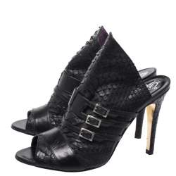 Gina Black Python and Leather Buckle Detail Peep Toe Mules Size 39