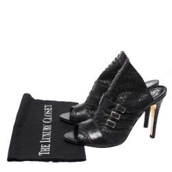 Gina Black Python and Leather Buckle Detail Peep Toe Mules Size 39