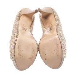 مملوكة مسبقًا Gina Beige Satin Swarovski Crystal Embellished Peep Toe Platform Pumps Size 38.5