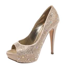 مملوكة مسبقًا Gina Beige Satin Swarovski Crystal Embellished Peep Toe Platform Pumps Size 38.5