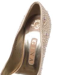 مملوكة مسبقًا Gina Beige Satin Swarovski Crystal Embellished Peep Toe Platform Pumps Size 38.5