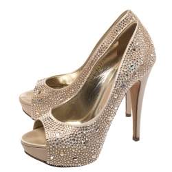 مملوكة مسبقًا Gina Beige Satin Swarovski Crystal Embellished Peep Toe Platform Pumps Size 38.5